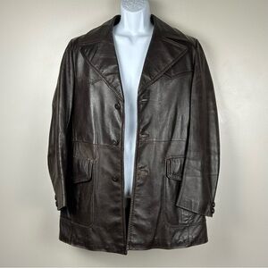 VTG Reed Sportswear Leather Jacket Mens 40‎ Chocolate Brown Button Up Collar 70s